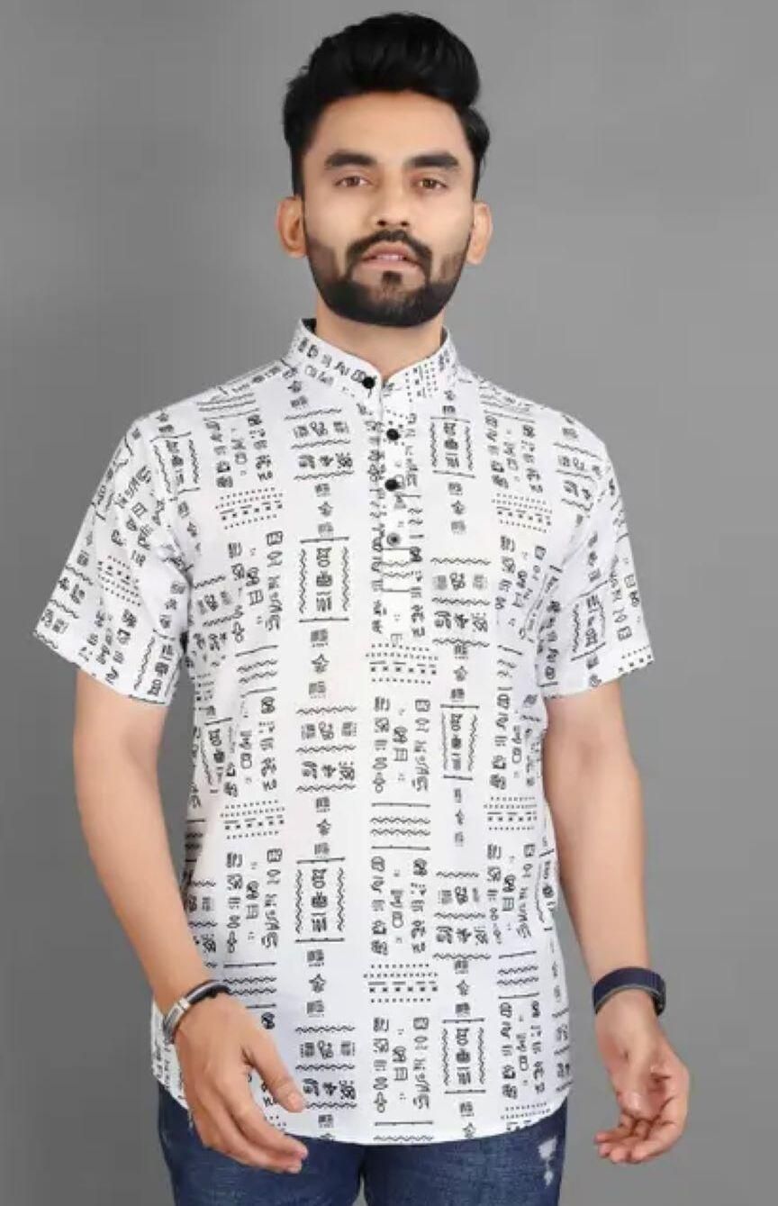 Men's Printed Half Sleeves Spread Collar Casual Shirt White & Black